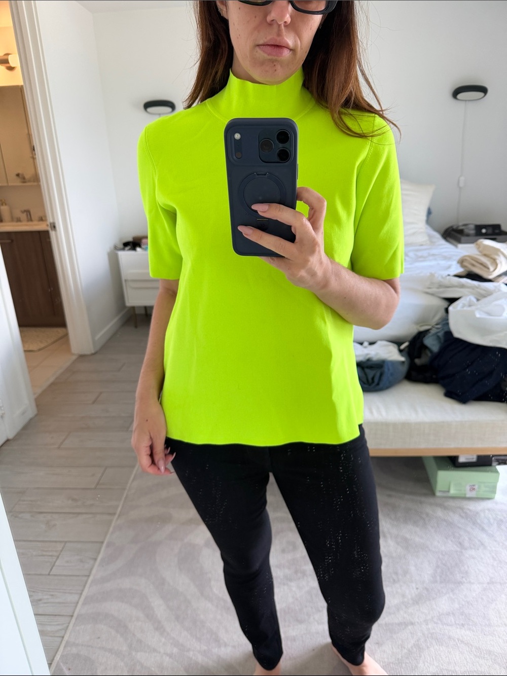 Diane Von Furstenburg Neon Green Short-Sleeve Knit Mock Neck Top